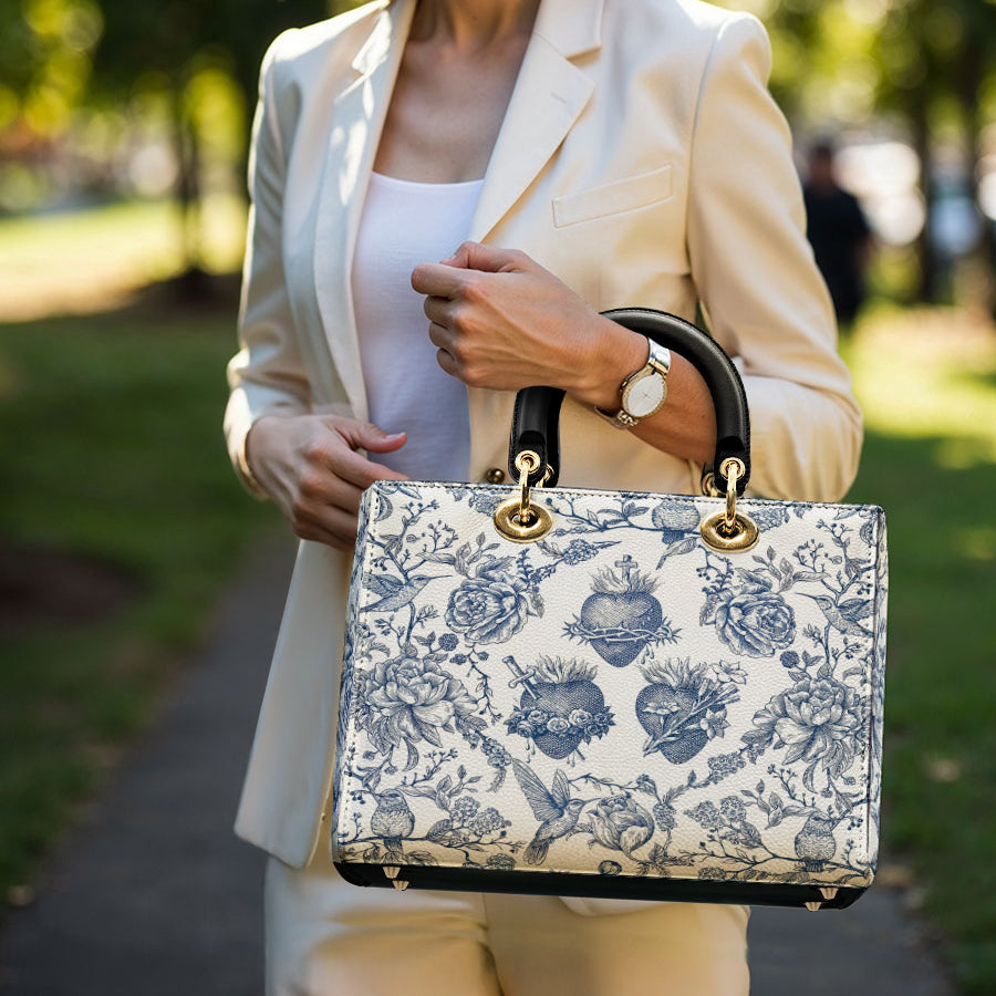 Catholight Sacred Elegance: Blue and White Devotion Lady Leather Bag