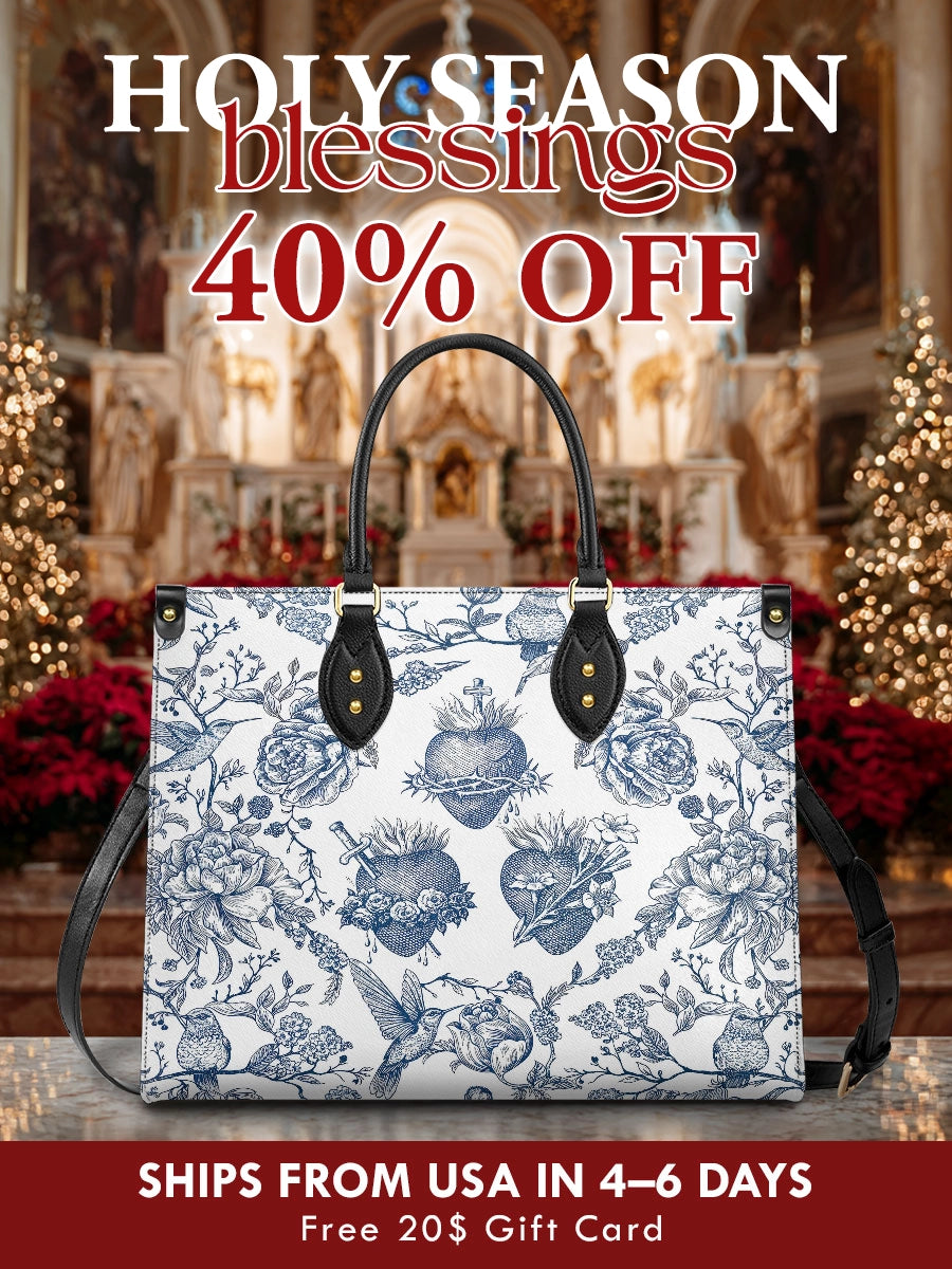 Catholight  Sacred Elegance: Blue and White Devotion Leather Bag