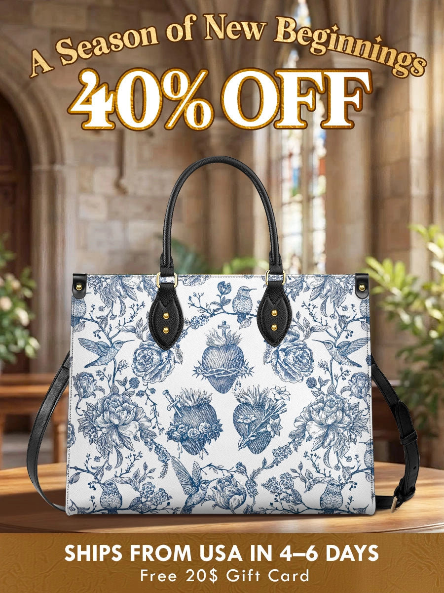 Catholight  Sacred Elegance: Blue and White Devotion Leather Bag
