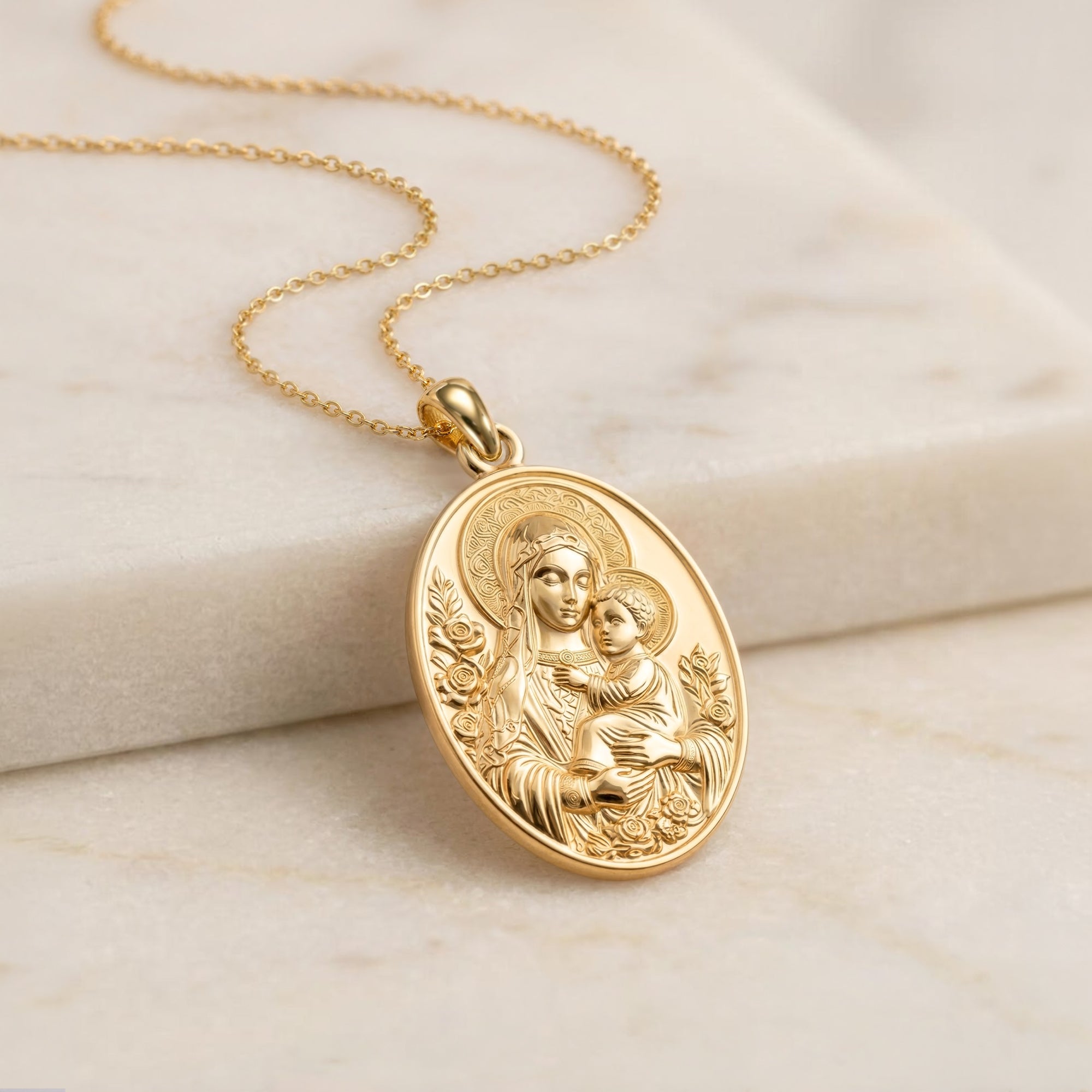 Catholight Madonna and Child Rose Medal Necklace in 18K Gold Vermeil
