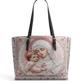 Catholight  Sacred Serenity: The Madonna’s Tender Embrace Leather Tote Bag